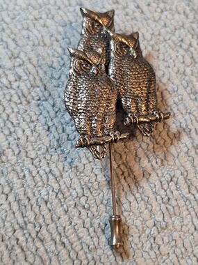 Silver Owl Trio Stick Pin 3.5" Brooch - Women Jewelry